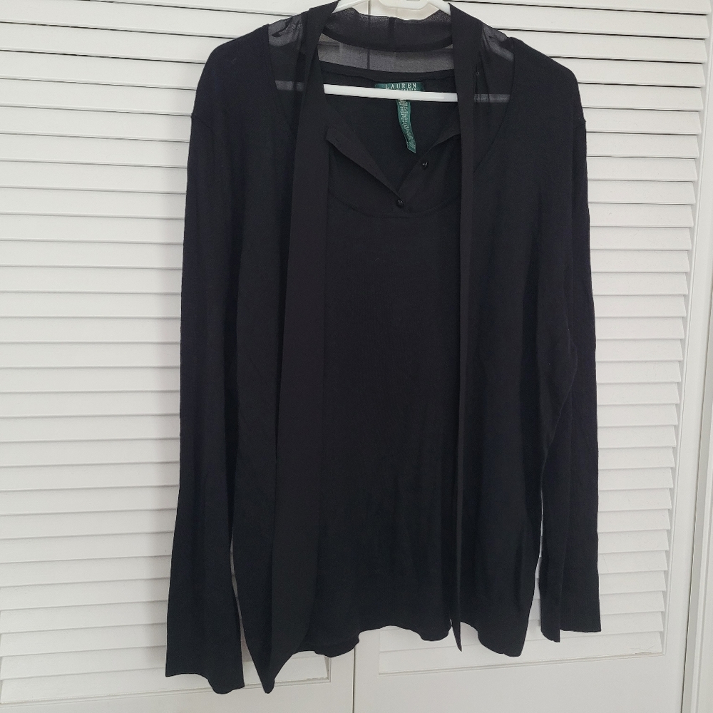 Lauren Ralph Lauren Shirt Women 3X Plus Black Dress Top Long Sleeve Tie Neck